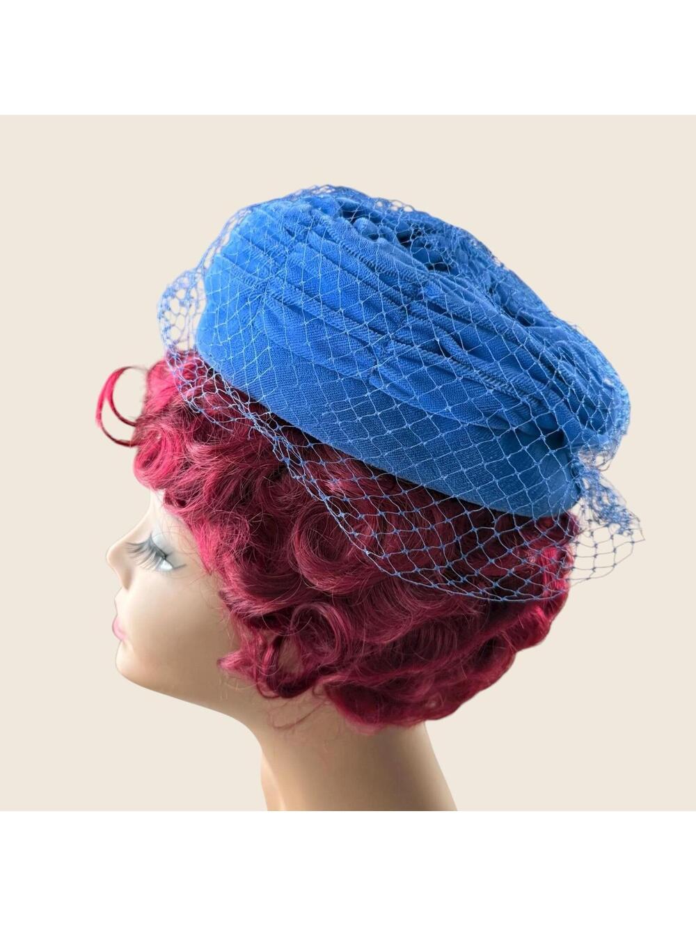 Vintage 1960s Pillbox Hat, Royal Blue Velvet, Netting